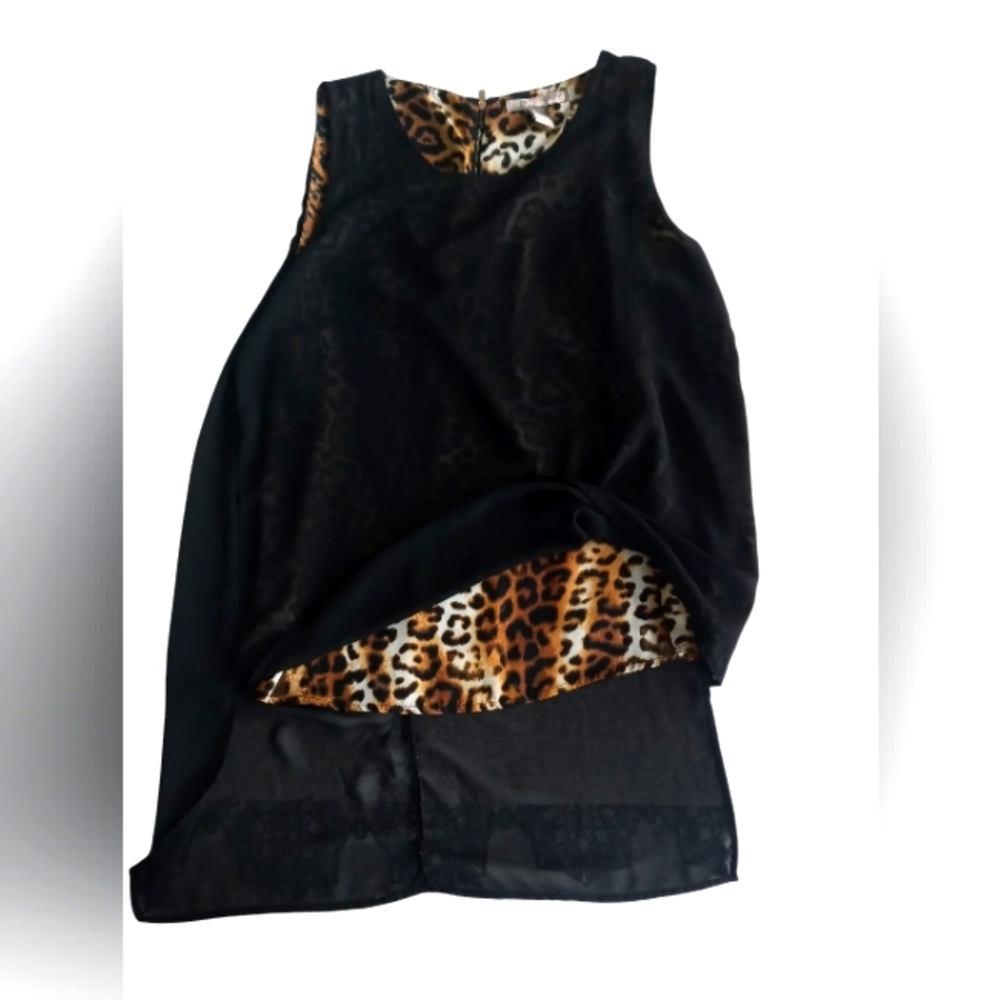 Love 21 Women's Leopard Print Shirt with High Low Black Sheer Overlay, Size L